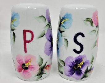 Salt and Pepper Shaker Set Multicolored Hibiscus Flowers Hand Painted