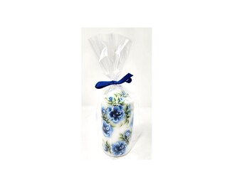 White Pillar Candle Blue Roses & Buds Hand Painted 6" Dripless