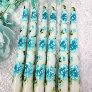 Hand Painted Aqua Blue Roses Taper Candles - Set of 2