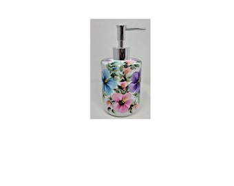 Soap or Hand Cream Dispenser Multicolored Hibiscus Flowers and Buds Hand Painted