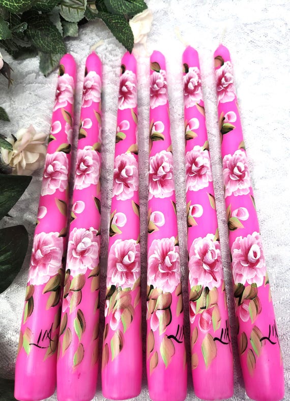 Handgemalte rosafarbene Stumpenkerzen - Hot Pink, 2er Set
