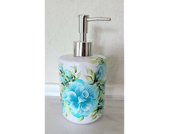 Soap or Hand Cream Dispenser Aqua Blue Roses and Buds Hand Painted