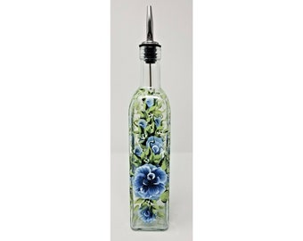 Olive Oil Vinegar Glass Cruet Soap Bottle  Blue Roses Hand Painted