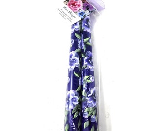 Taper Candle Purple with Purple Roses Hand Painted 10" Set Of 2 Smokeless Dripless 7 Hour + Burn 100 % Cotton Wick