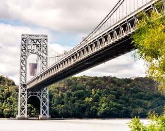 NYC George Washington Bridge Large Wall Art Photography Print American Flag New York City GWB New Jersey NJ Hudson River Americana Decor