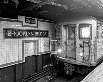 NYC Brooklyn Bridge Subway Large Wall Art Photography Print Black and White Manhattan New York City Hall Train Station MTA  6 Train 24x36