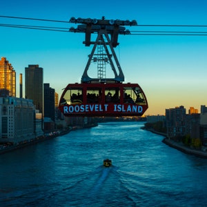 NYC Roosevelt Island Tram Large Wall Art Photography Print Sunset Boat East River New York City Cityscape Aerial Tramway Cablecar 24x36