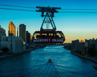 Roosevelt Island Tram NYC Wall Art | Sunset Photography Print | East River Boat, Aerial Cablecar, New York City Skyline Decor
