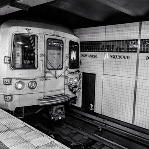 NYC Subway A Train Large Wall Art Photography Print Black and White Manhattan Chambers Street Station MTA Old Retired Blue Line Home Office