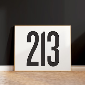 以下が含まれることがあります： 白い背景に太字の黒いフォントで「213」の数字が描かれた額入りのアートプリント。アートワークは細い金色のフレームに収められ、木製の床の上に置かれています。背景には黒い壁があります。
