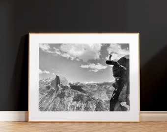 Yosemite National Park California Man Overhanging Rock Glacier Point Half Dome Photograph Art Print