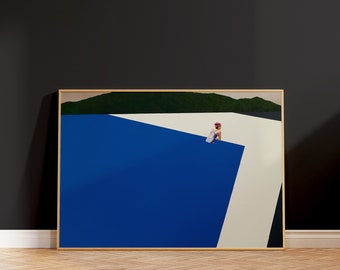 Fille en maillot de bain inspirée du lac Tahoe en Californie, impression d&#39;art paysage moderne Mid-Century par Sanghee Park