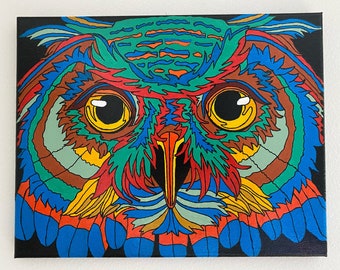 Owl painting, acrylic owl, birds of prey, owl eyes, colorful owl, owl lovers, owls