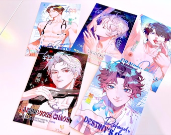 May include: A collection of five anime-style art prints featuring male characters. The prints showcase various poses and expressions, with text overlays including "Love," "Dr. Zaya," "Ambiguous Chaos," and "Destiny's Son." The color palette includes blues, reds, and whites.