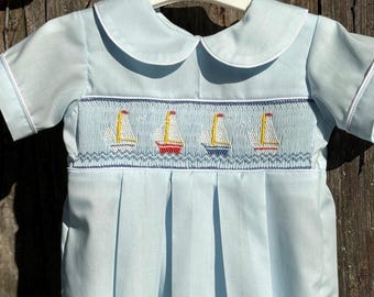 Hand Smocked Sailboat Bubble: 6 Month Baby Romper