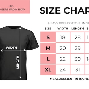 May include: Black t-shirt with size chart. The chart shows measurements in inches for width, length, and sleeve for sizes S, M, L, and XL. The shirt is labeled as heavy 100% cotton unisex.