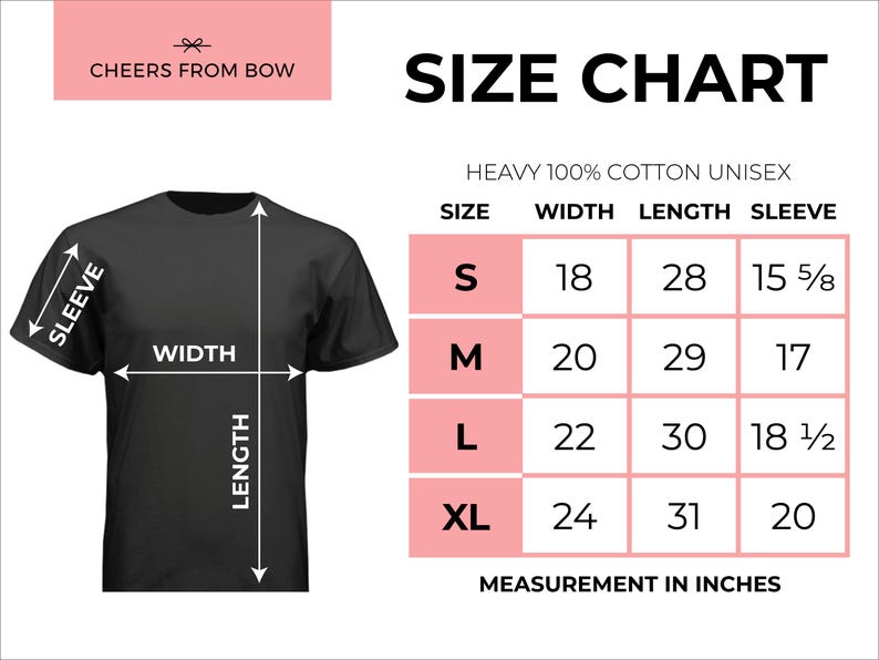 May include: Black t-shirt with size chart. The chart shows measurements in inches for width, length, and sleeve for sizes S, M, L, and XL. The shirt is labeled as heavy 100% cotton unisex.