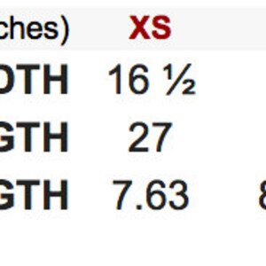 May include: Size chart showing body width, full body length, and sleeve length in inches for sizes XS, S, M, and L.
