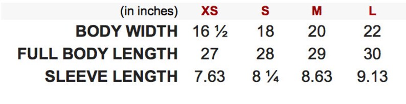 May include: Size chart showing body width, full body length, and sleeve length in inches for sizes XS, S, M, and L.