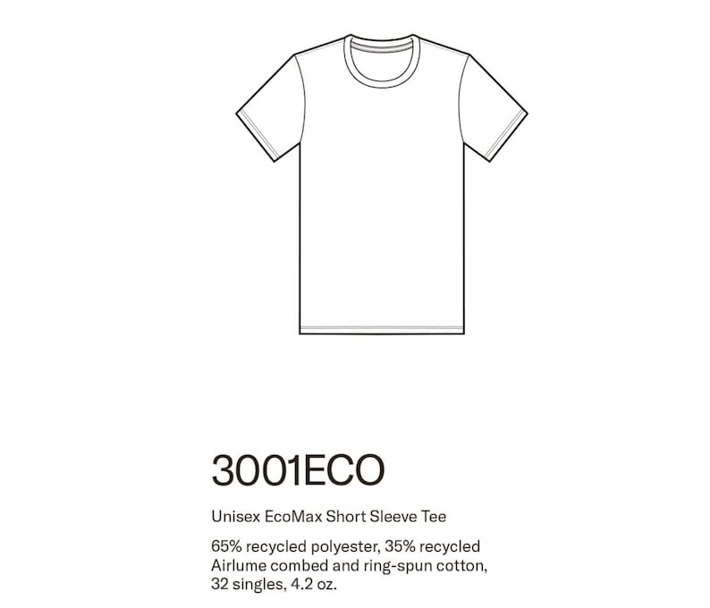 May include: A white short-sleeve t-shirt with a crew neck, illustrated with black outlines. The text "3001ECO" is below the shirt, along with details about the fabric composition: 65% recycled polyester, 35% recycled Airlume cotton, and 4.2 oz.