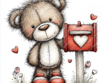 Peut inclure: Illustration d'un ours en peluche tenant une boîte aux lettres rouge avec un cœur. L'ours, avec une fourrure brune et des chaussures rouges, est entouré de cœurs et de fleurs. L'image a un style doux, de type aquarelle.