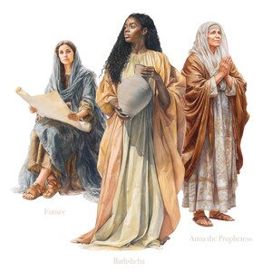K&ouml;nnte beinhalten: Illustration von drei Frauen in Gew&auml;ndern. Eine h&auml;lt eine Schriftrolle, eine andere eine Kanne und die dritte betet. Die Frauen hei&szlig;en Eunice, Bathseba und Anna die Prophetin.