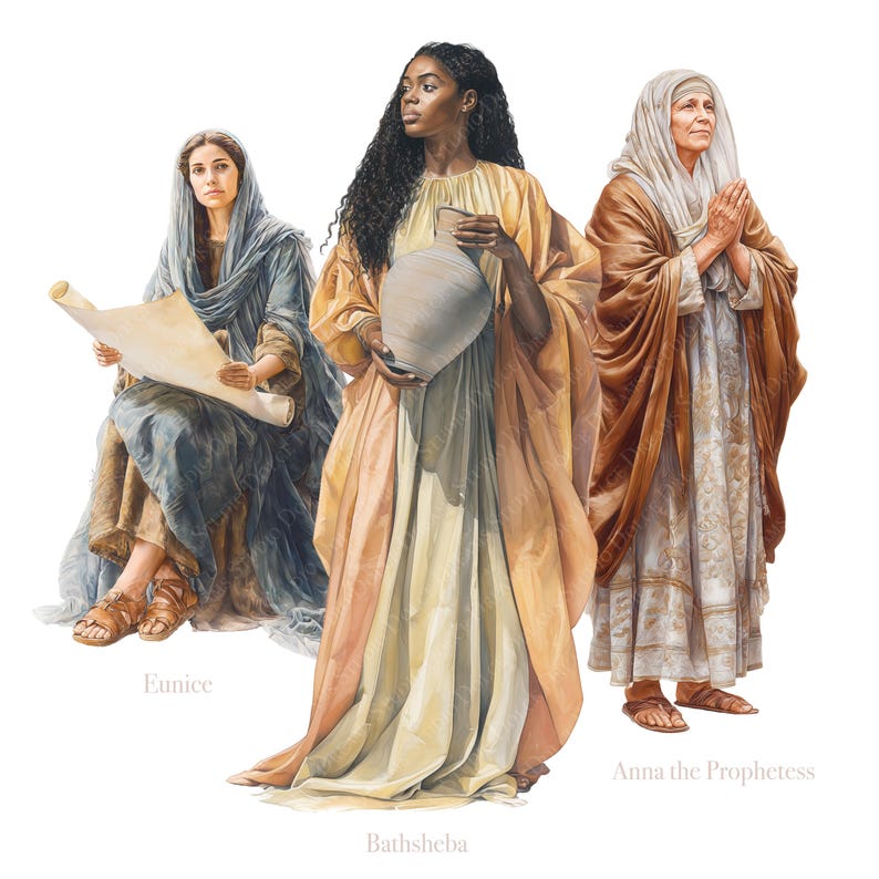 K&ouml;nnte beinhalten: Illustration von drei Frauen in Gew&auml;ndern. Eine h&auml;lt eine Schriftrolle, eine andere eine Kanne und die dritte betet. Die Frauen hei&szlig;en Eunice, Bathseba und Anna die Prophetin.