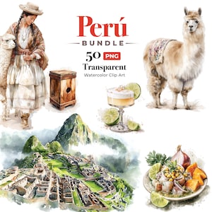 May include: Watercolour clip art bundle with Peruvian themes. Includes a woman with an alpaca, a llama, a wooden box, a cocktail, a plate of ceviche, and Machu Picchu. The text reads "Perú Bundle 50 PNG Transparent Watercolor Clip Art."