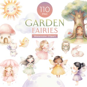 Może przedstawiać: Cyfrowa kolekcja 110 akwarelowych elementów clipart zatytułowana GARDEN FAIRIES. Zestaw zawiera uśmiechnięte słońce, domek na drzewie, domek grzybowy, wróżki w kolorowych sukienkach, kotka, ptaka, jeża i królika na białym tle.