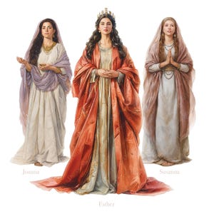 K&ouml;nnte beinhalten: Eine k&uuml;nstlerische Darstellung von drei Frauen in historischer Kleidung. Die zentrale Figur, Esther, tr&auml;gt eine Krone und einen flie&szlig;enden roten Umhang. Joanna und Susanna flankieren sie, jede in drapierten Gew&auml;ndern. Das Bild hat eine weiche, malerische Qualit&auml;t.