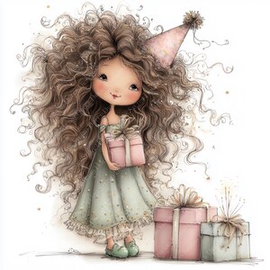 May include: A whimsical illustration of a girl with long, curly brown hair wearing a party hat and a mint green dress. She holds a pink gift box and stands near other wrapped presents. The artwork has a soft, dreamy aesthetic with gold accents.