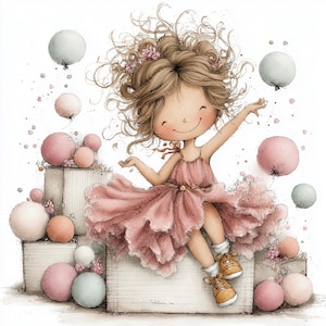 May include: A whimsical illustration of a smiling cartoon character in a pink dress, seated on white blocks, surrounded by pink and white balloons. The character has curly brown hair and is wearing brown shoes. The image has a soft, watercolor style.