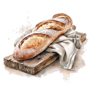 May include: A watercolor illustration of a freshly baked baguette, resting on a rustic wooden cutting board and a white linen cloth. The bread has a golden-brown crust and is dusted with flour. The overall theme is food and baking.