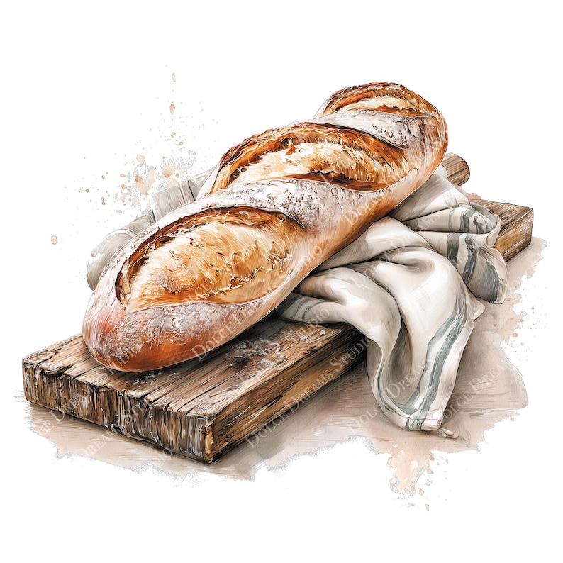 May include: A watercolor illustration of a freshly baked baguette, resting on a rustic wooden cutting board and a white linen cloth. The bread has a golden-brown crust and is dusted with flour. The overall theme is food and baking.