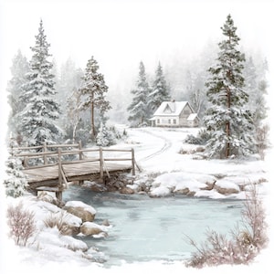 May include: A watercolour painting depicting a winter scene with snow. A wooden bridge crosses a frozen river, leading to a small house surrounded by snow-covered pine trees. The image conveys a sense of peace and tranquility.