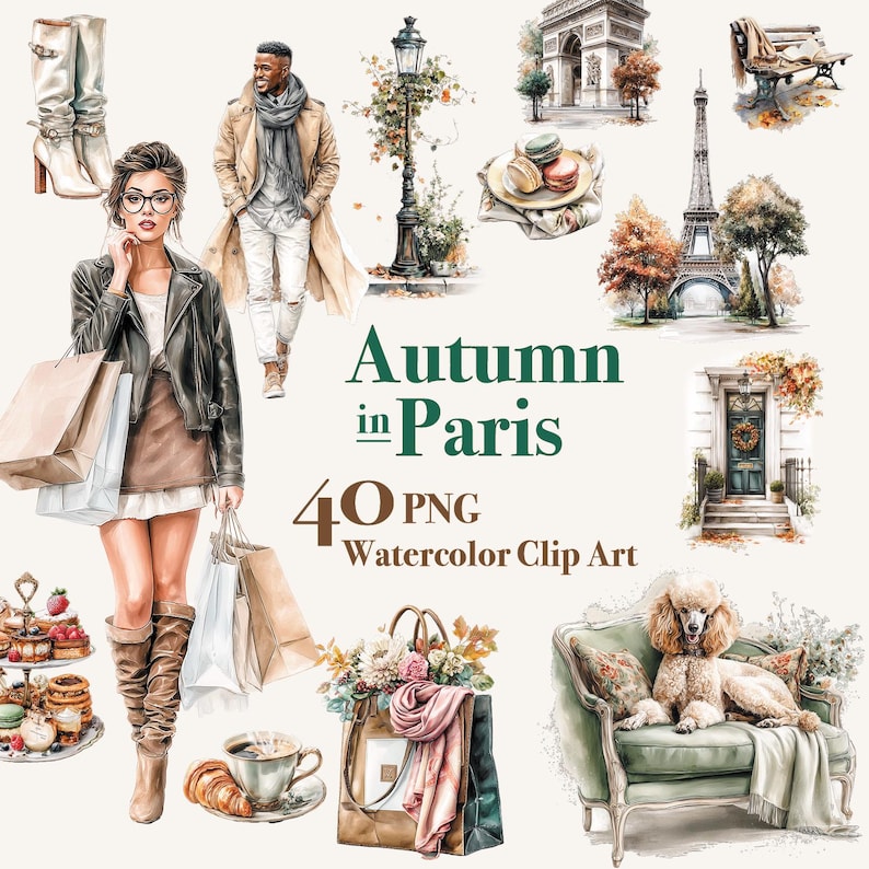 May include: Watercolor clip art set titled "Autumn in Paris" featuring Parisian landmarks, fashion illustrations, and shopping scenes. Includes images of the Eiffel Tower, Arc de Triomphe, and a poodle on a green sofa. The text reads "Autumn in Paris" and "40 PNG Watercolor Clip Art."
