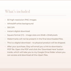 May include: A digital download product description with the title "What's included". The text lists 50 high-resolution PNG images, a white/off-white background, 300 DPI, and instant digital download. Image sizes are 2048 x 2048 pixels.