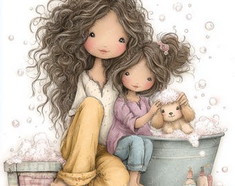 51 Mom and Daughter Whimsical Clipart Bundle, PNG Mother's Day Illustrations, Cute Pastel Girls, Commercial Use,Printable Watercolor clipart