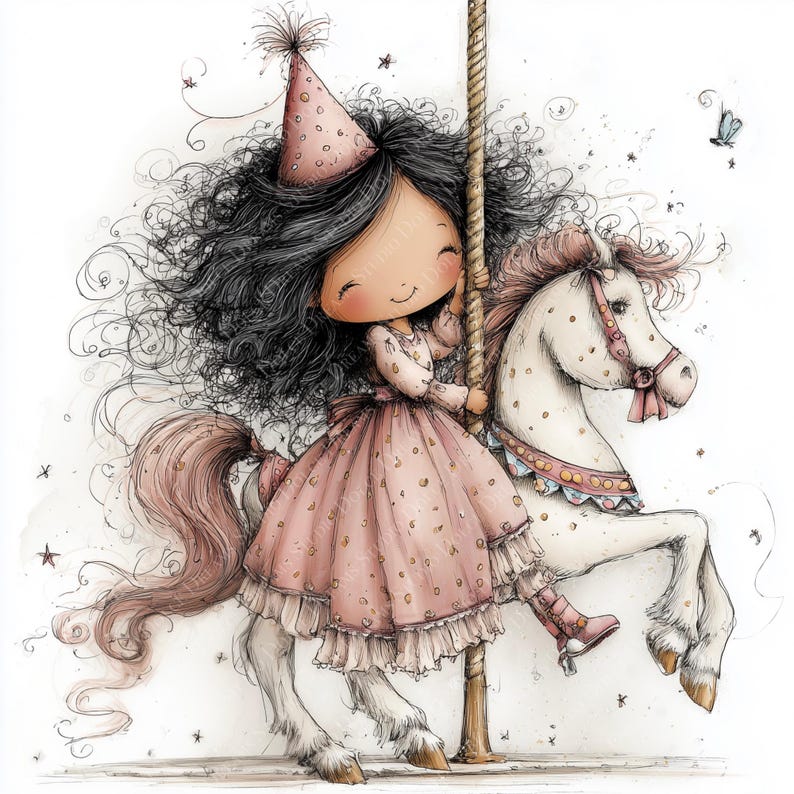 May include: A whimsical illustration of a girl on a carousel horse. The girl wears a pink dress and party hat, holding onto a pole. The horse is white with pink accents. The artwork has a soft, watercolor style with stars and a butterfly.