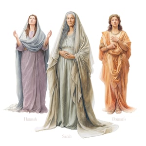 K&ouml;nnte beinhalten: Illustration von drei Frauen in flie&szlig;enden Gew&auml;ndern. Hannah, links, tr&auml;gt ein lavendelfarbenes Kleid und einen blauen Schal. Sarah, in der Mitte, tr&auml;gt ein hellgr&uuml;nes Kleid und einen drapierten Schal. Damaris, rechts, tr&auml;gt ein orangefarbenes Kleid.