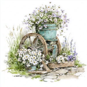 May include: A watercolour painting of a weathered wooden cart overflowing with white and purple flowers. A small blue bucket with white flowers sits in front. The scene is set in a garden with stone paving and tall grass.