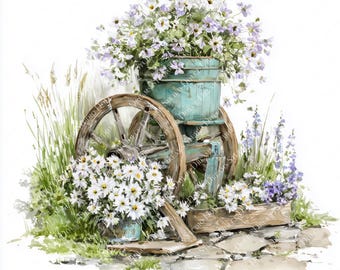 28 Spring Garden Watercolor Clipart Set, Cottagecore Garden Scenes, Floral Wheelbarrows, Fountains & Benches, Romantic Pastel Art