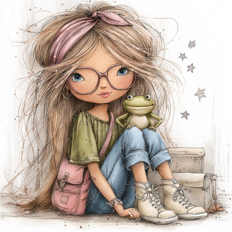 May include: Illustration of a girl with long blonde hair, wearing glasses, a pink headband, and a green shirt. She is sitting with a green frog on her lap, wearing blue jeans and white boots. A pink purse is on her shoulder.