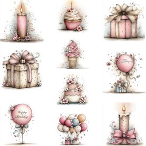 May include: Watercolor illustrations of birthday-themed items. The image features a pink candle, cupcake, gift boxes, ice cream cone, cake, balloons, and a balloon with "Happy Birthday" text. All items are decorated with flowers.