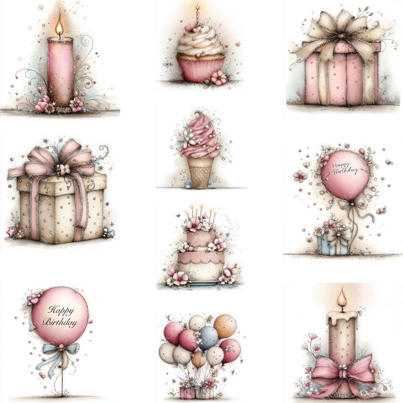 May include: Watercolor illustrations of birthday-themed items. The image features a pink candle, cupcake, gift boxes, ice cream cone, cake, balloons, and a balloon with "Happy Birthday" text. All items are decorated with flowers.