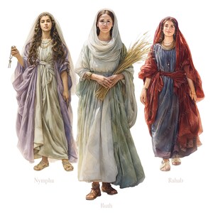 K&ouml;nnte beinhalten: Aquarellillustration von drei Frauen in flie&szlig;enden Roben. Die Frau links tr&auml;gt eine lavendelfarbene Robe und h&auml;lt Schl&uuml;ssel. Die Frau in der Mitte tr&auml;gt eine hellgr&uuml;ne Robe und h&auml;lt Weizen. Die Frau rechts tr&auml;gt einen roten Schal.
