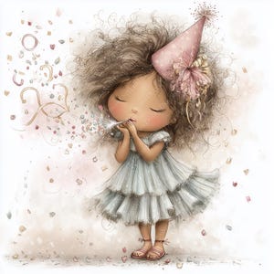 May include: A whimsical illustration of a girl in a light blue tiered dress, wearing a pink party hat with floral accents. She is blowing a party favor, with confetti and streamers floating around her. Her eyes are closed, and she is wearing pink sandals.