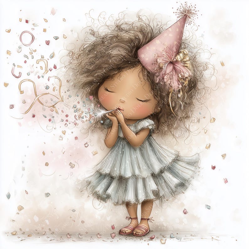 May include: A whimsical illustration of a girl in a light blue tiered dress, wearing a pink party hat with floral accents. She is blowing a party favor, with confetti and streamers floating around her. Her eyes are closed, and she is wearing pink sandals.