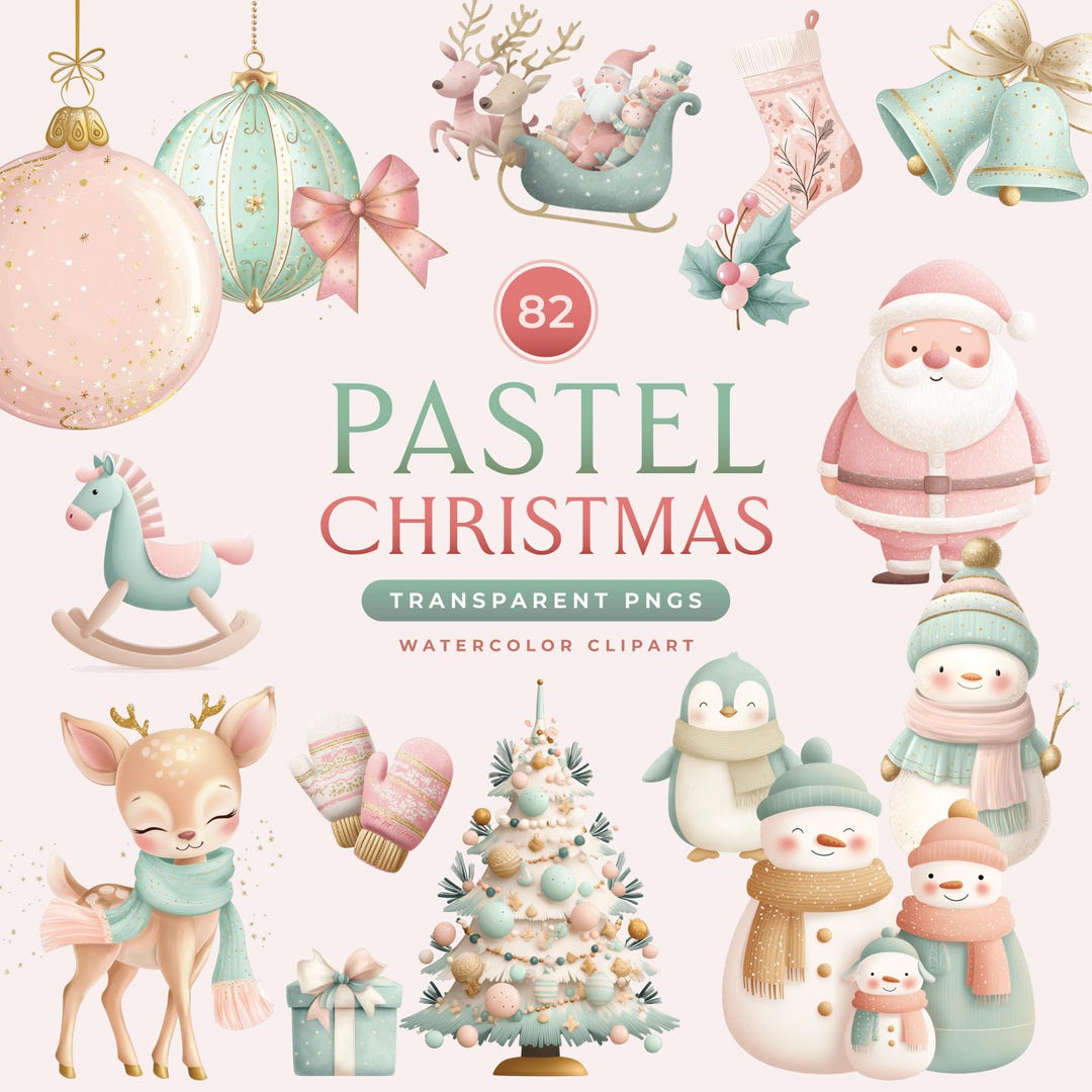 82 Pastel Christmas Clipart Bundle, Winter Scenes, Santa, Reindeer
