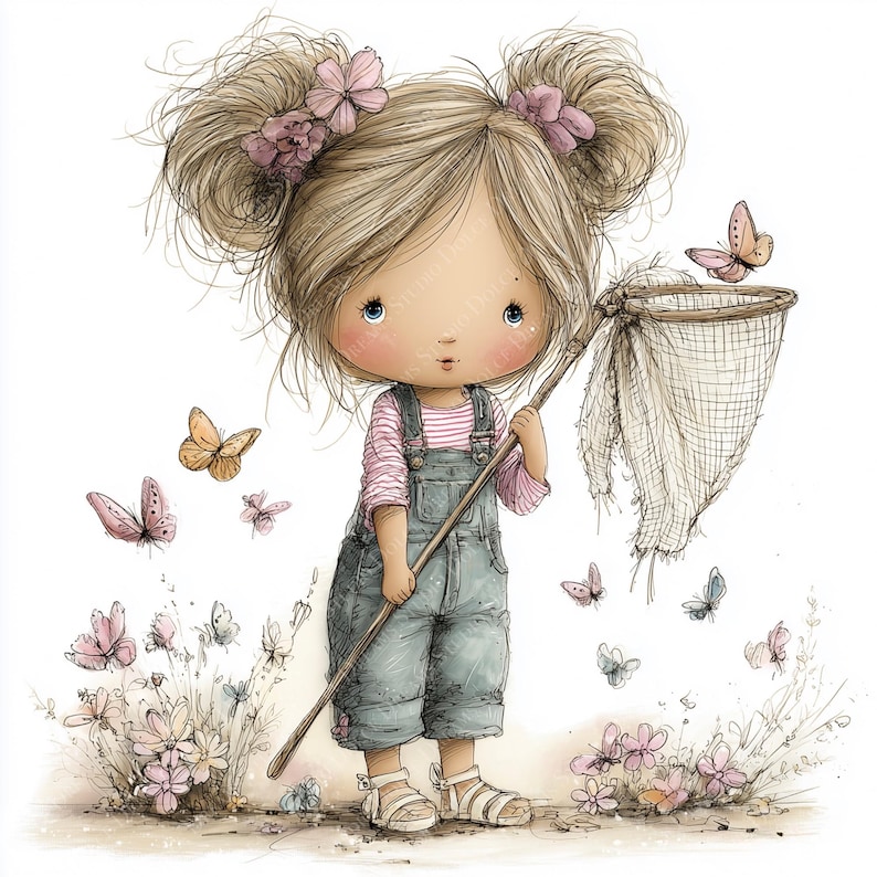 May include: Watercolor illustration of a young girl with blonde hair in pigtails, wearing a pink striped shirt and denim overalls. She holds a butterfly net, surrounded by butterflies and flowers. The artwork has a soft, whimsical style.